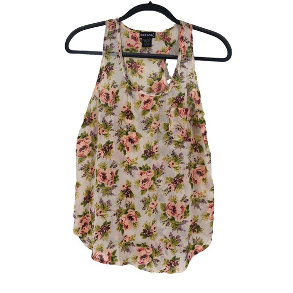 Vtg Wet Seal Sheer Razor Back Tank Yop Pink & Purple Floral Print sz S - Picture 2 of 9